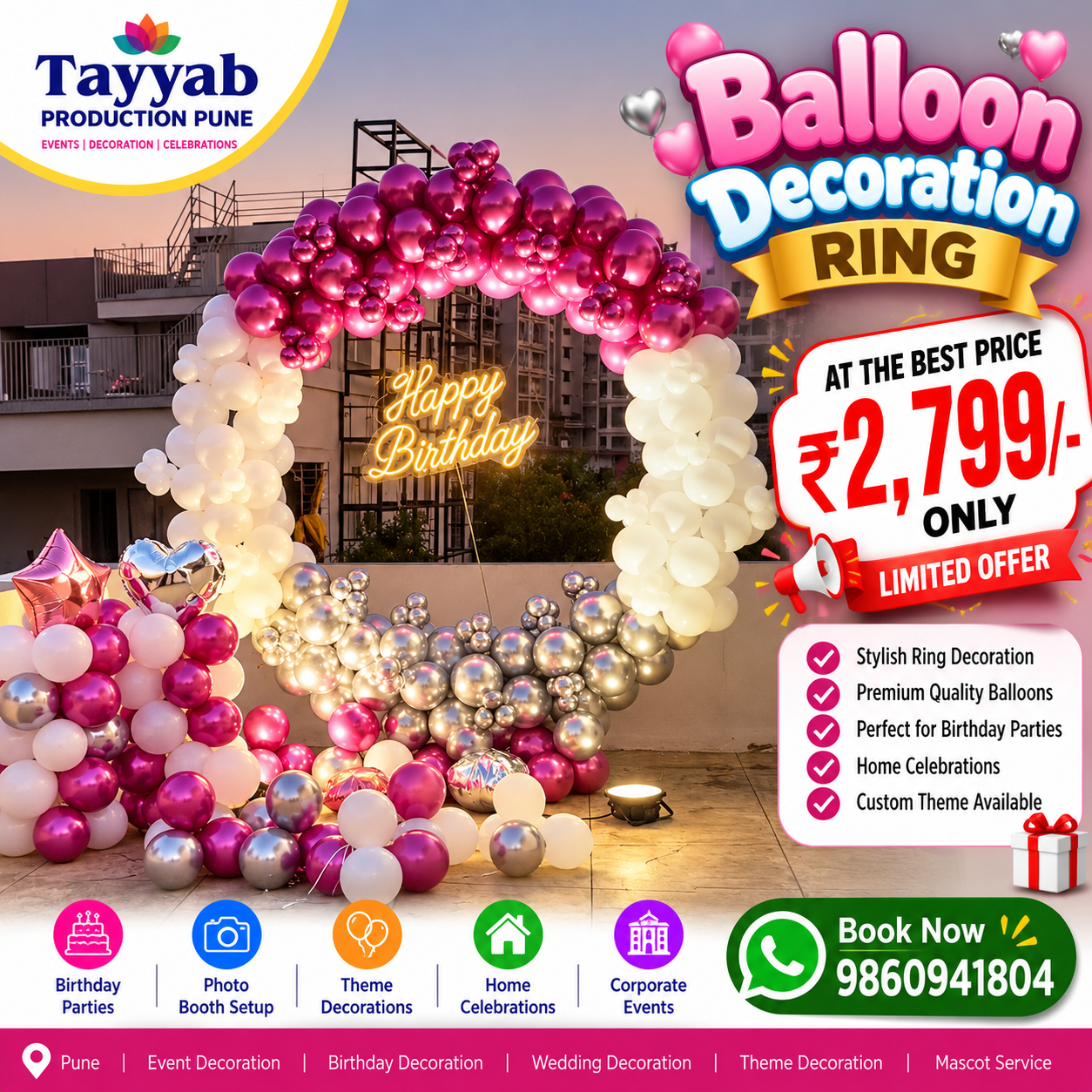 Balloon ring birthday decoration in Pune by Tayyab Production