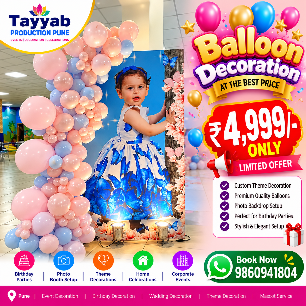 Create a unique celebration with customized theme decoration in Pune. We provide theme-based decorations for kids' birthdays, adult birthdays, baby showers, weddings, naming ceremonies and other celebrations.