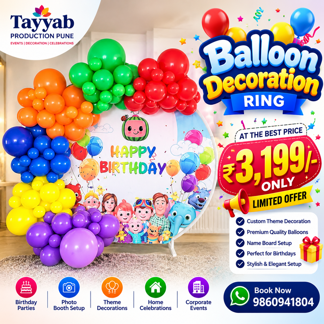 Cocomelon 1st birthday balloon decoration in Pune with colourful balloon ring