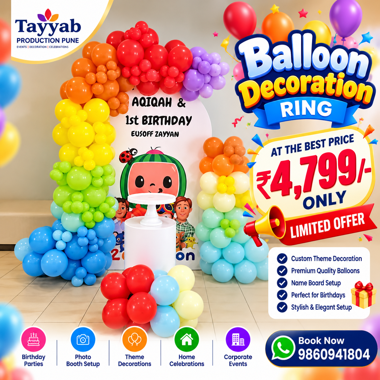 Cocomelon theme 1st birthday balloon decoration in Pune with colourful balloon ring