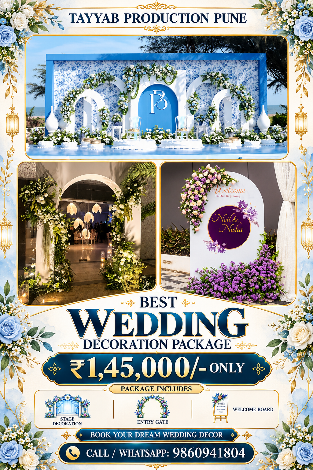 Beautiful wedding entrance decoration in Pune featuring an elegant floral entry gate and customized welcome setup by Tayyab Production Pune.