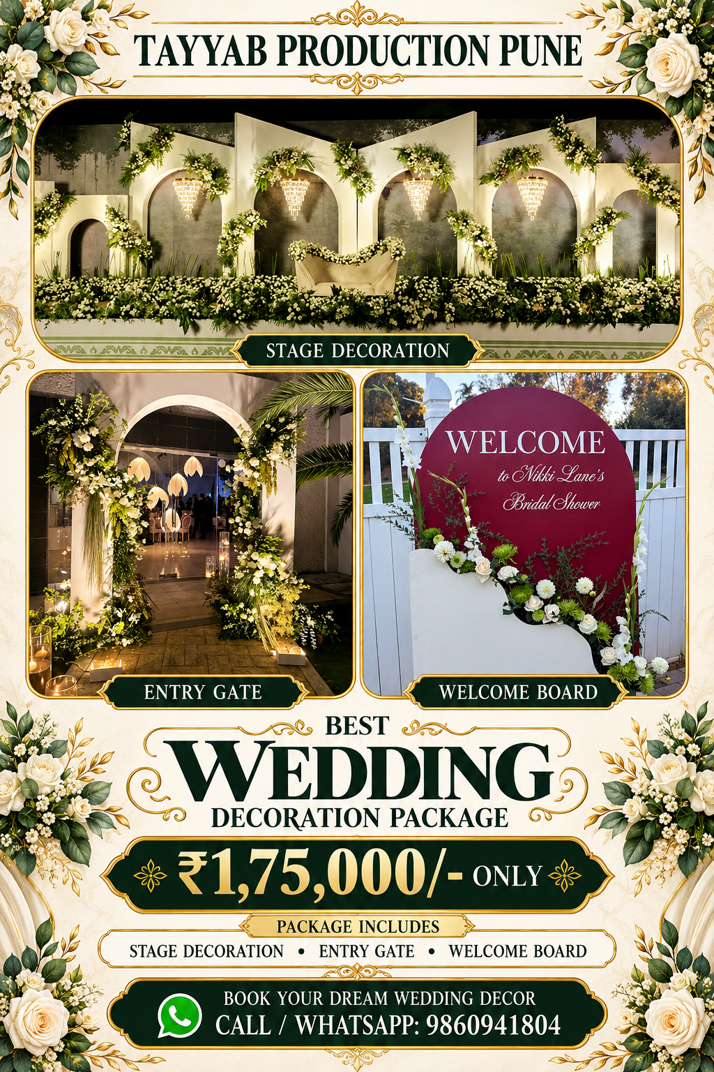 Outdoor wedding decoration in Pune featuring a beautifully decorated wedding stage, floral arrangements and an elegant open-air wedding setup by Tayyab Production Pune.