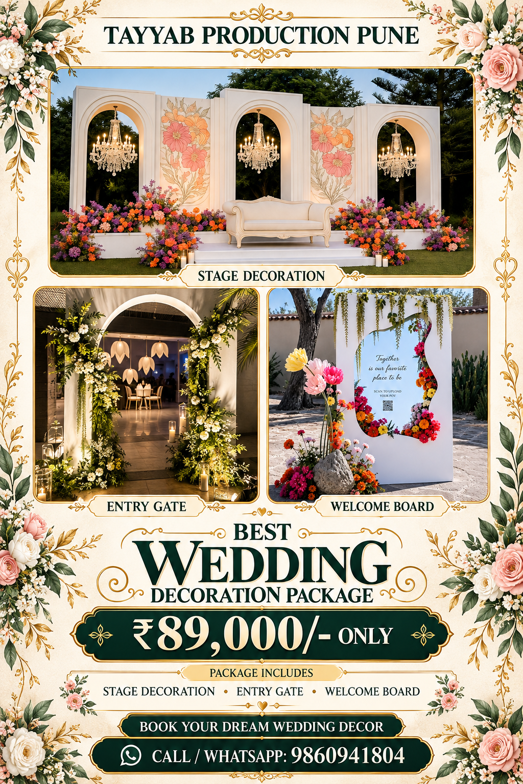 Luxury wedding decoration in Pune featuring an elegant wedding stage, premium floral arrangements and a grand entrance setup by Tayyab Production Pune.