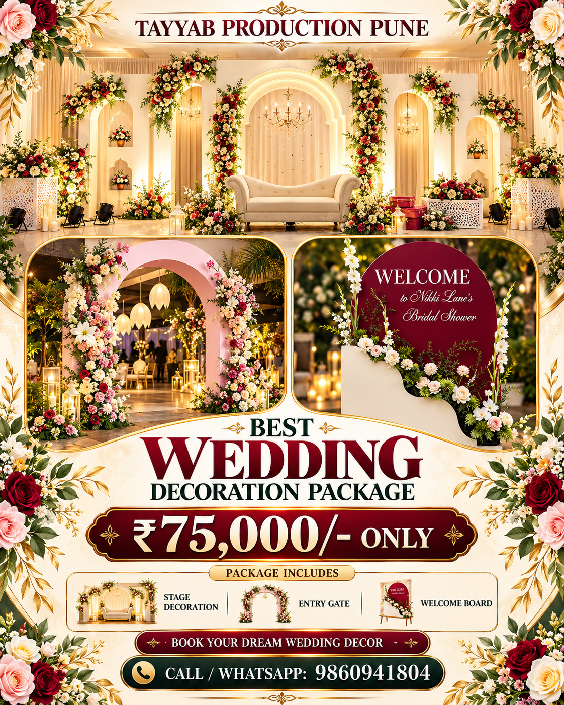 Luxury wedding stage decoration in Pune with elegant floral backdrop, decorative seating and premium stage setup by Tayyab Production Pune.