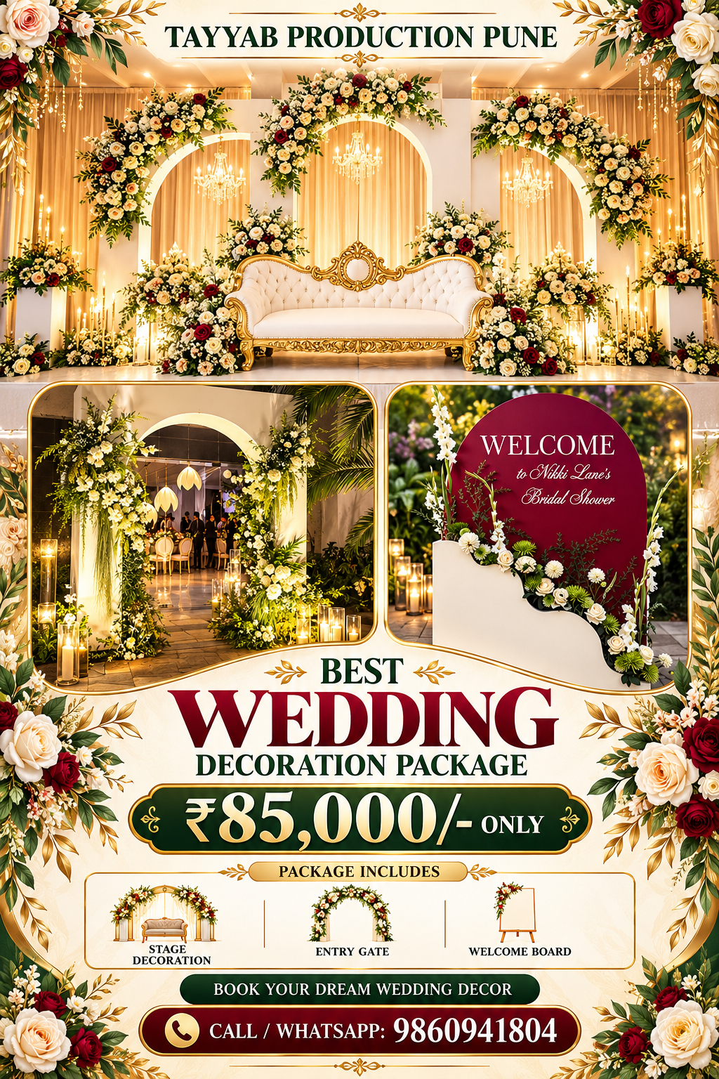 Luxury wedding decoration services in Pune featuring an elegant wedding stage, floral entrance gate and welcome board by Tayyab Production Pune.