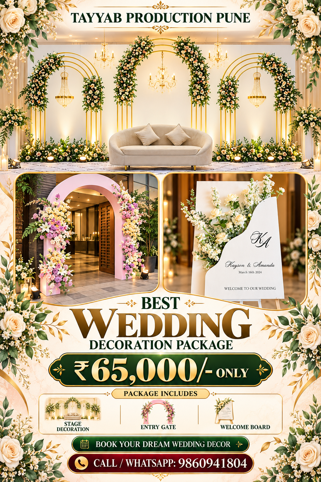 Elegant wedding reception decoration in Pune featuring a luxury stage backdrop, floral arrangements and bride and groom seating by Tayyab Production Pune.