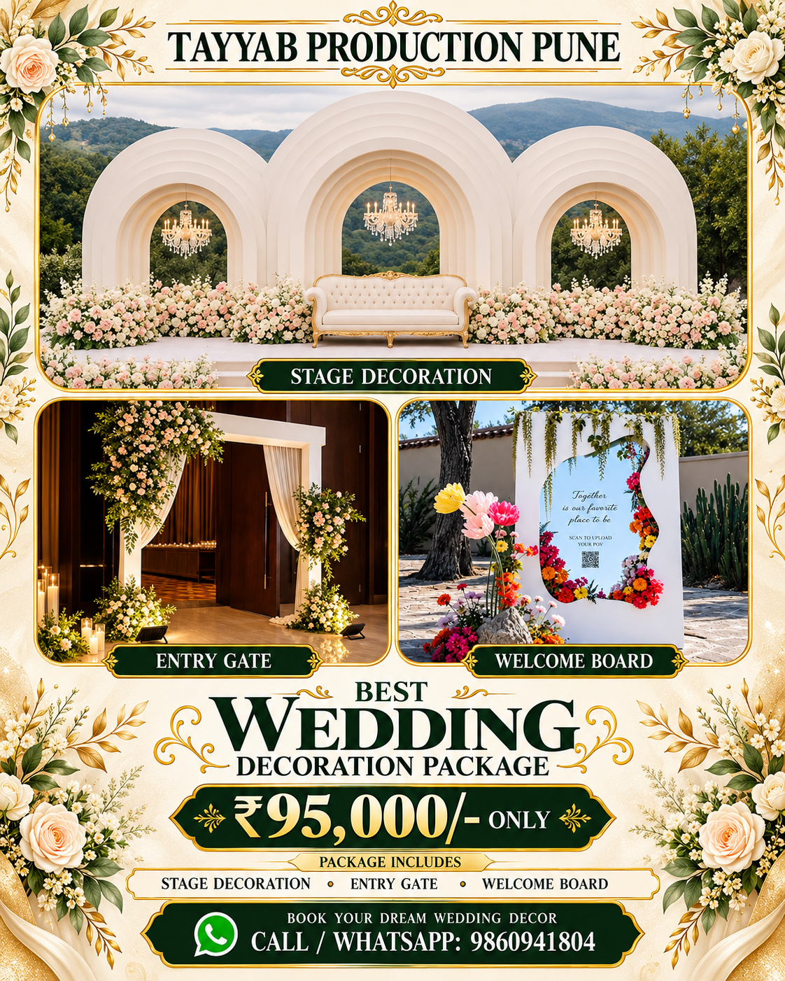 Indoor wedding decoration in Pune featuring an elegant wedding stage, floral backdrop and premium venue decoration by Tayyab Production Pune.