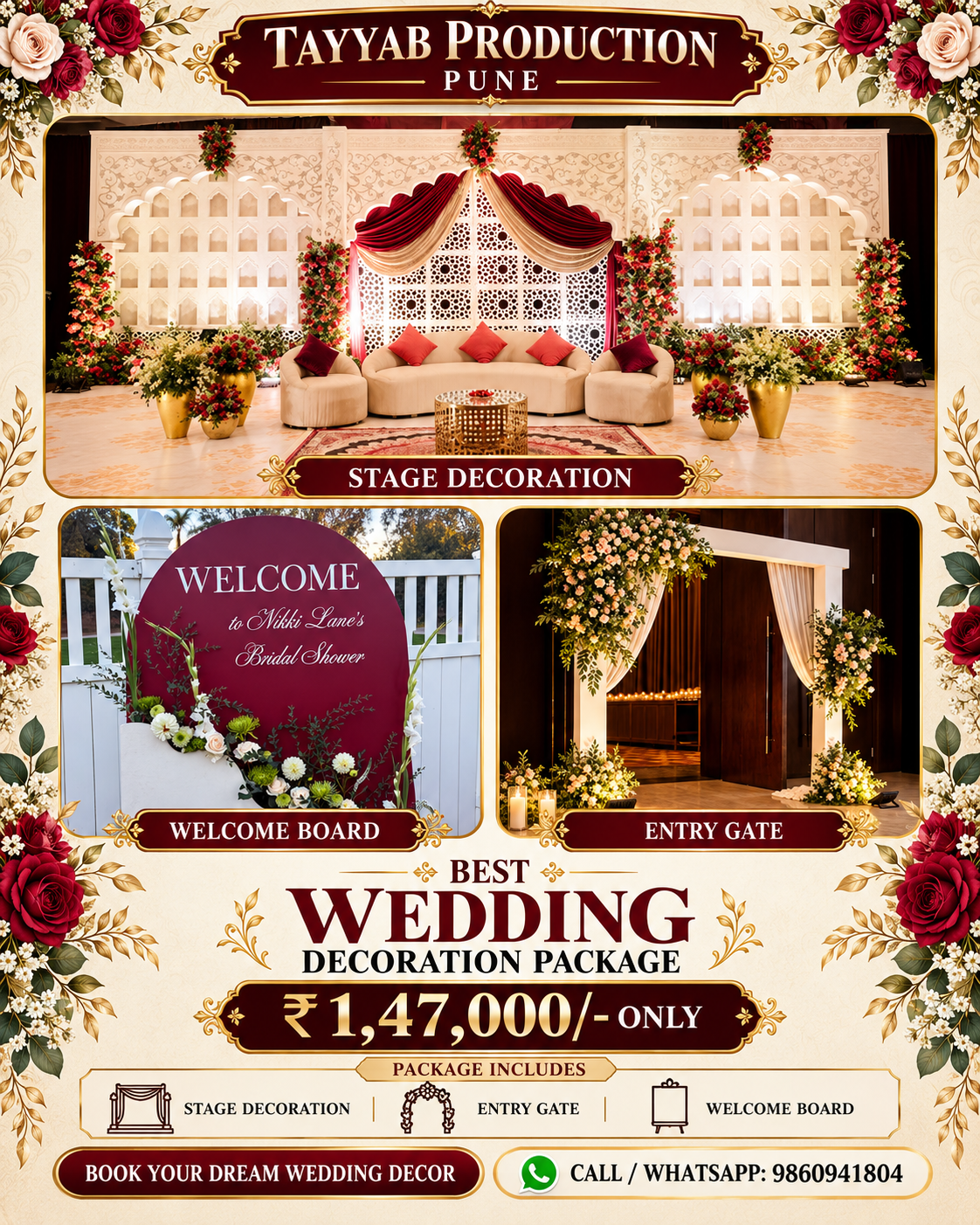 Elegant engagement decoration in Pune featuring a beautifully decorated ring ceremony stage, floral backdrop and couple seating by Tayyab Production Pune.