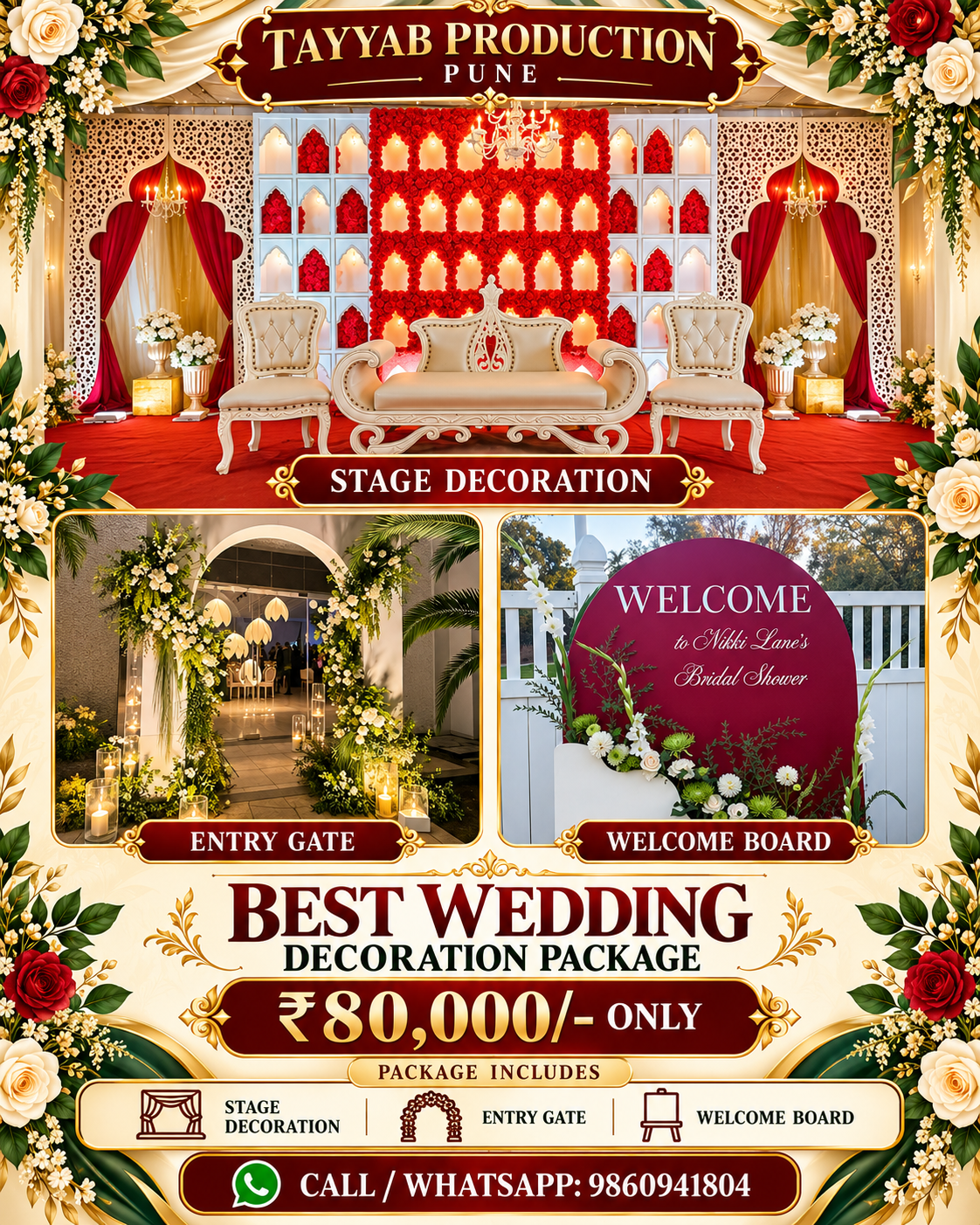 Wedding decoration services in Pune by Tayyab Production featuring elegant wedding stage decoration, floral mandap and grand entrance decor.