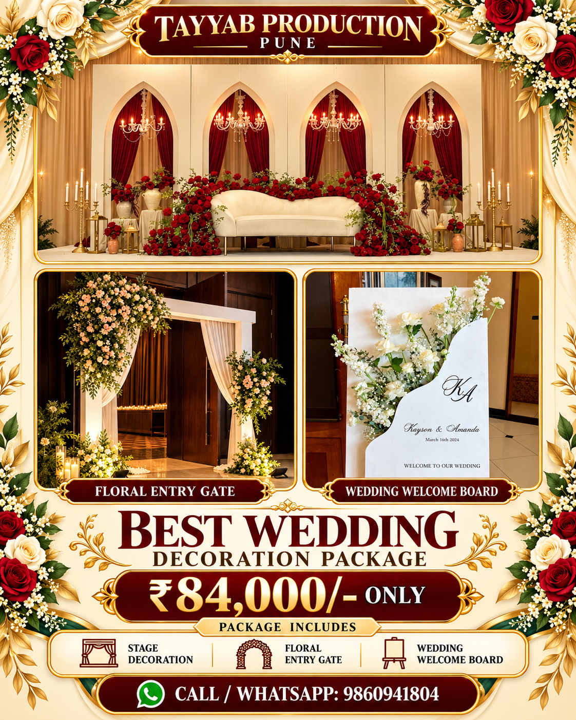 Wedding decoration services in Pune by Tayyab Production, featuring an elegant wedding stage and floral decor