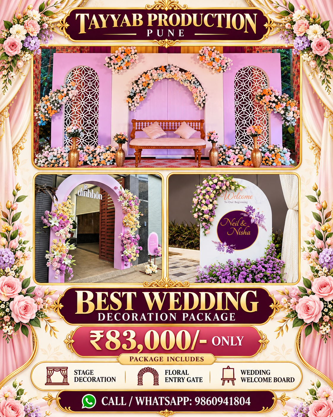 Wedding decoration packages in Pune featuring elegant stage decoration, floral mandap, entrance decor and reception setups by Tayyab Production Pune.