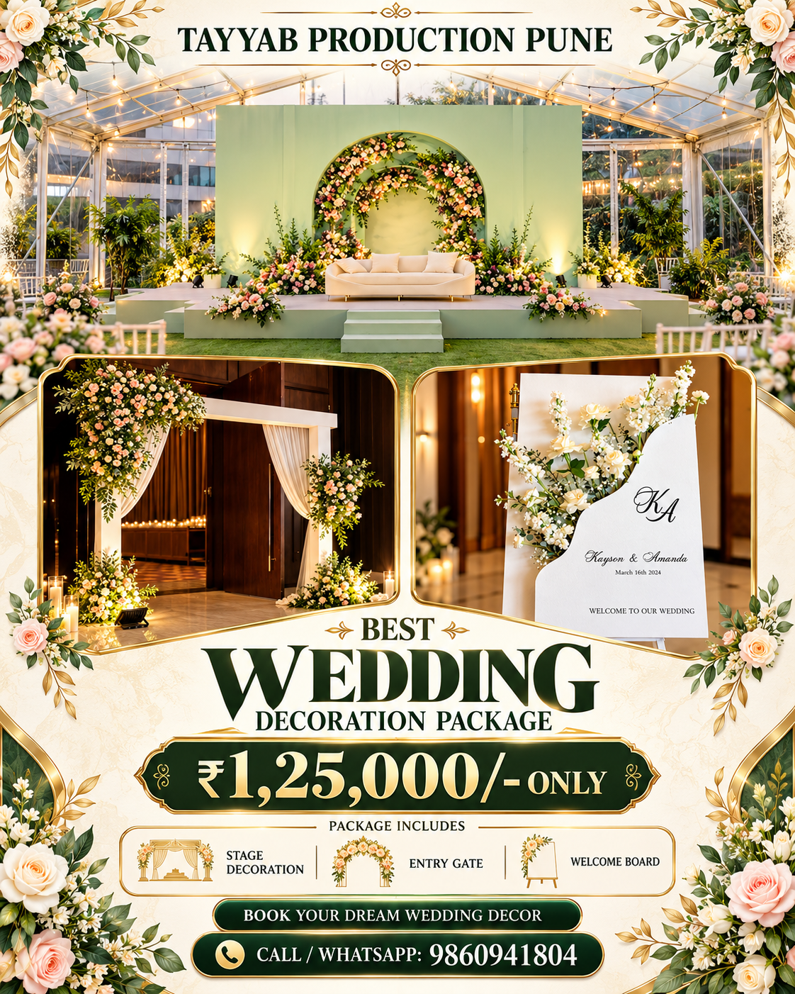 Luxury wedding decoration package in Pune featuring wedding stage decoration, floral entry gate and premium welcome board by Tayyab Production Pune.