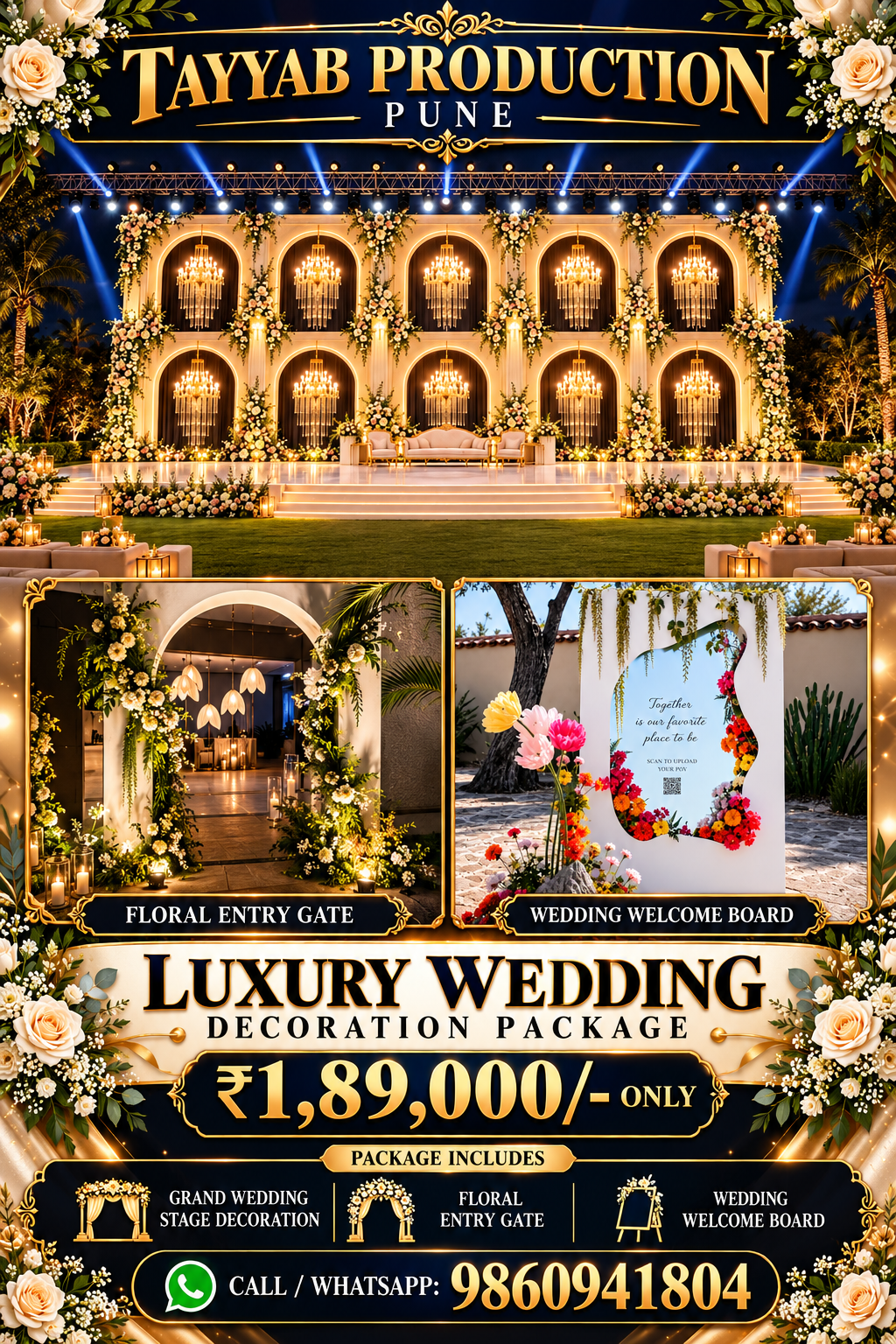 Wedding decorators in Pune offering wedding stage decoration, floral mandap decoration and grand entrance decor by Tayyab Production Pune.
