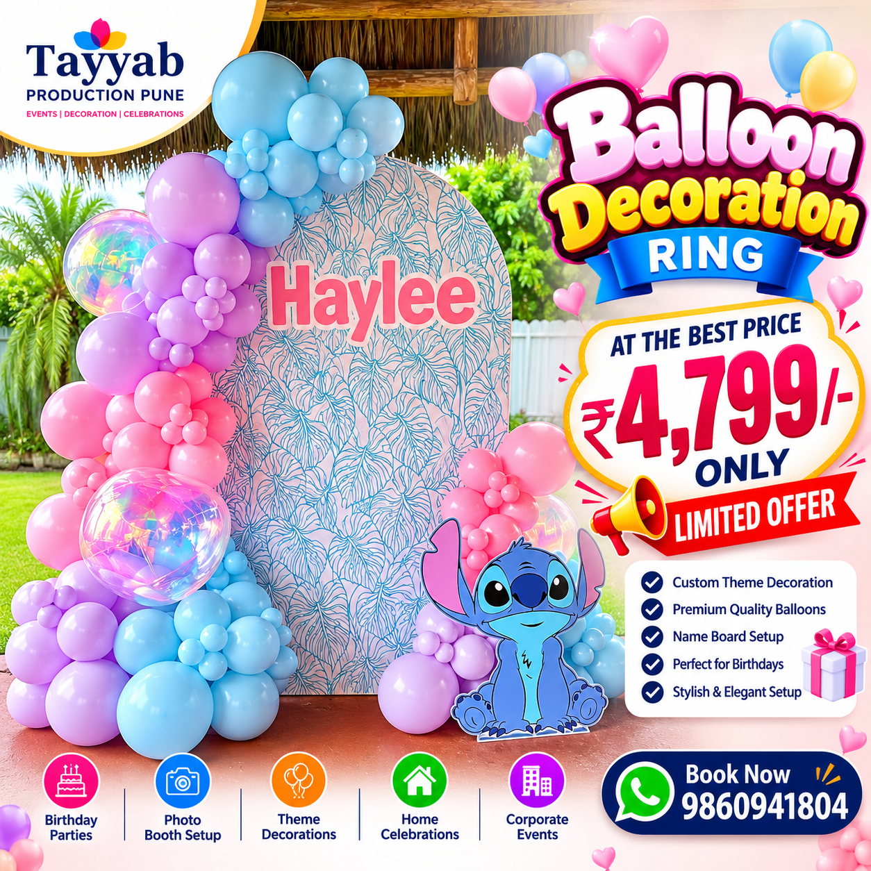 Pastel blue pink balloon birthday decoration in Pune with personalized name backdrop
