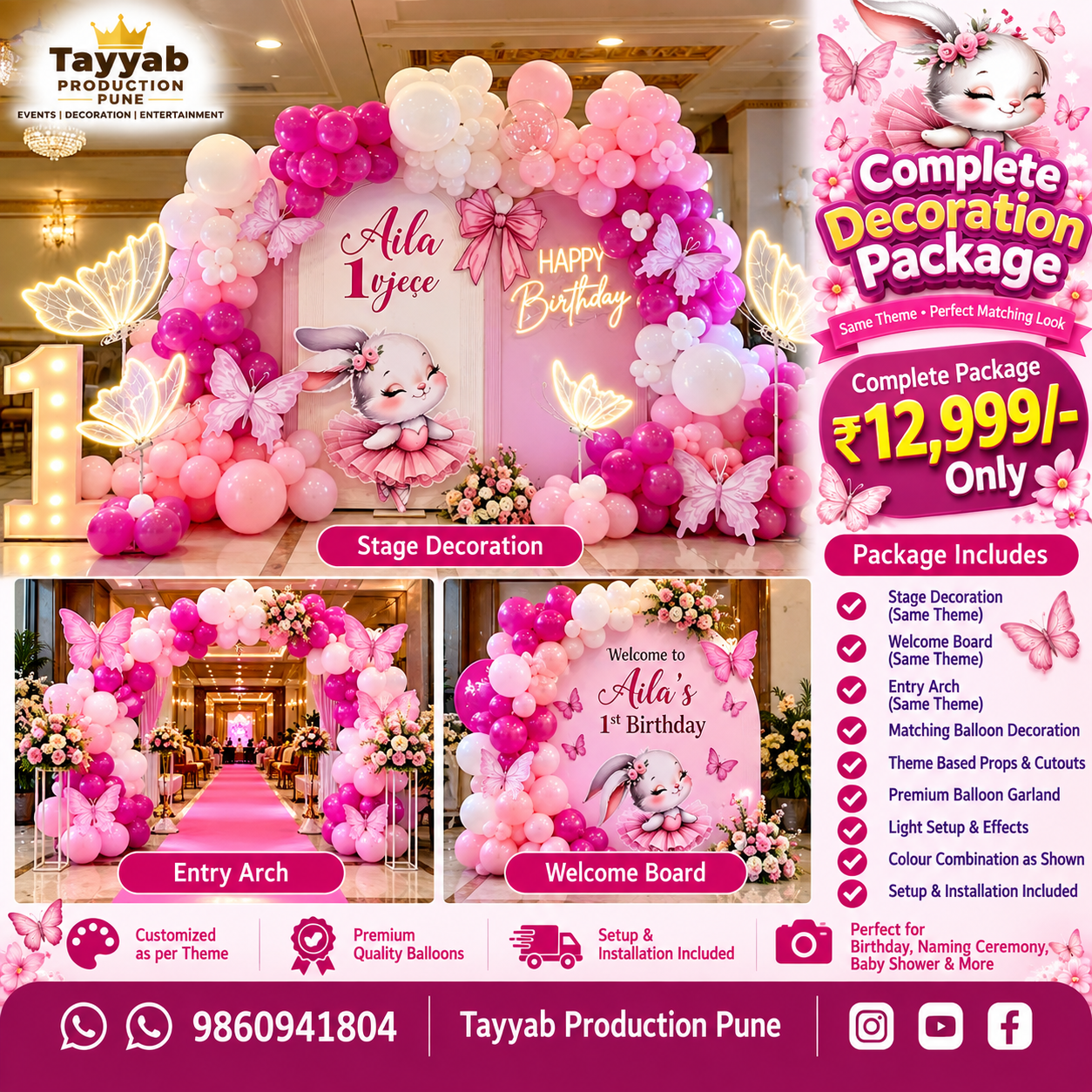 Pink Bunny 1st Birthday Decoration Package in Pune | Tayyab Production