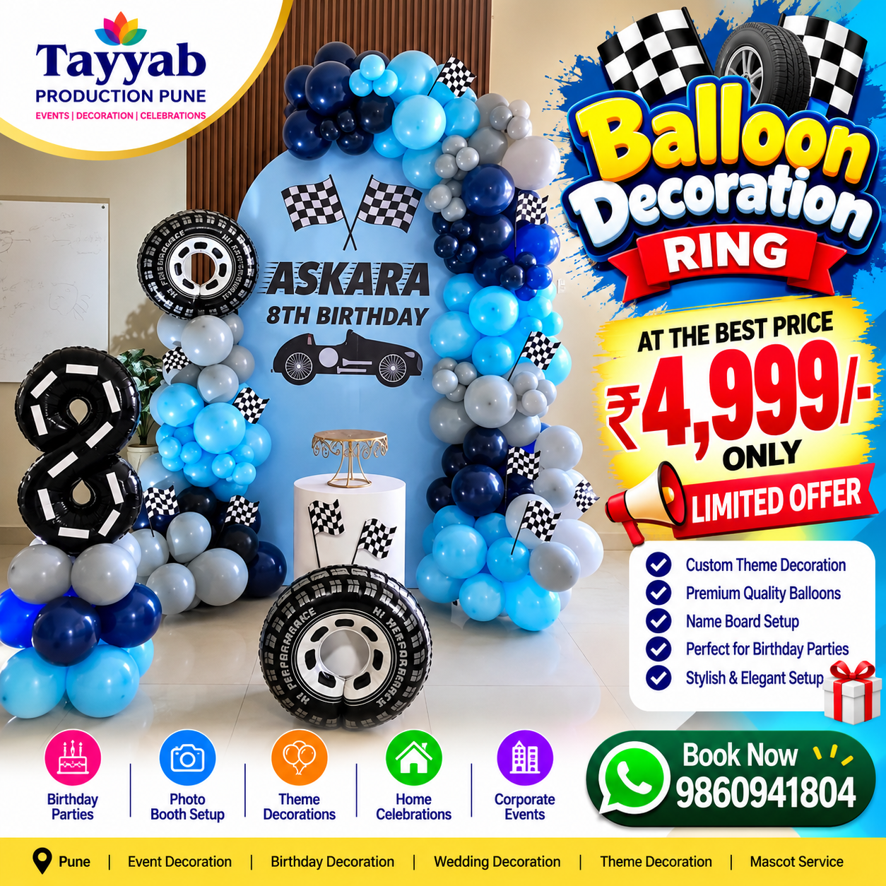 Racing theme birthday balloon decoration in Pune with blue balloons and racing props