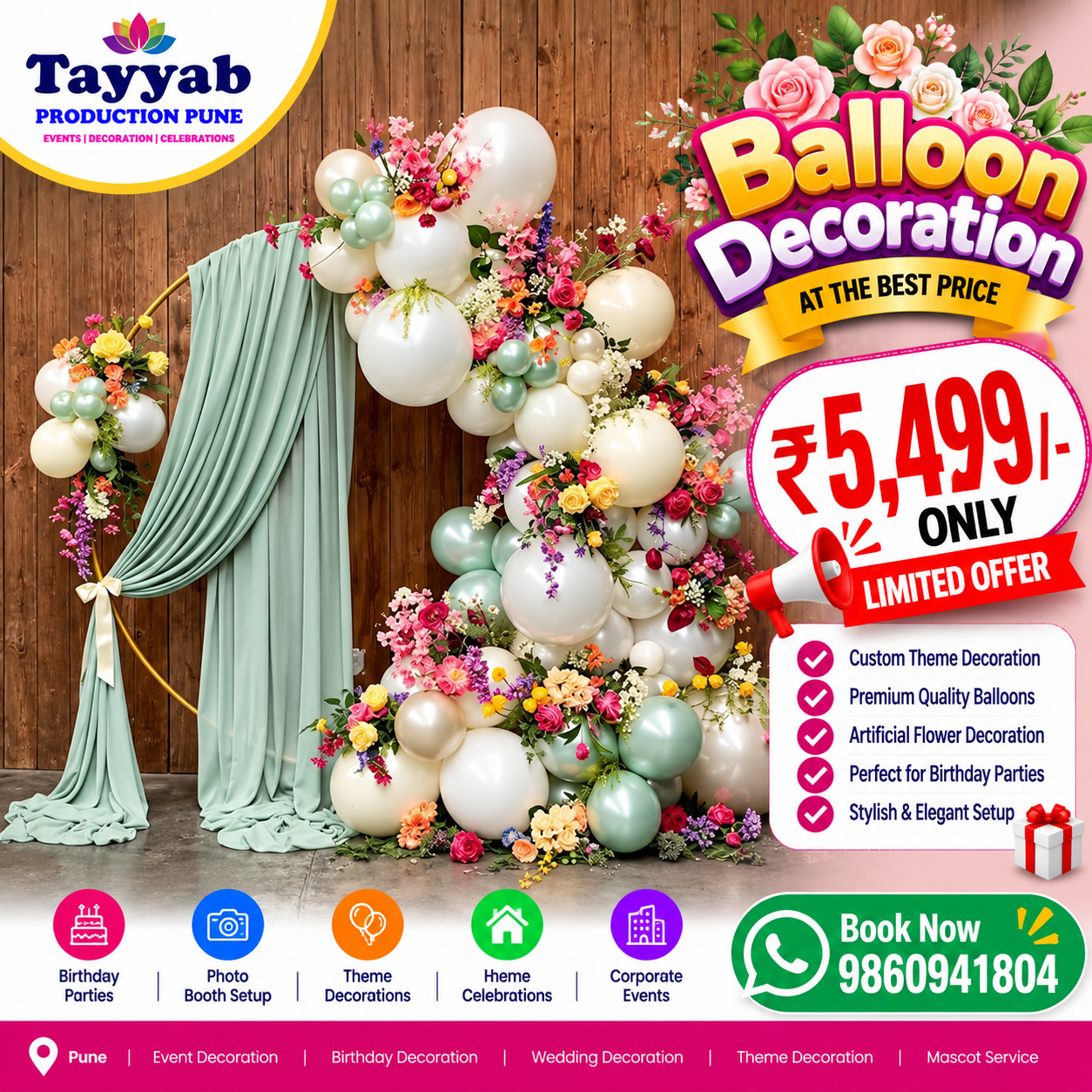 Elegant Floral Balloon Decoration in Pune | Mint Green & White Balloon Decor | Tayyab Production Pune