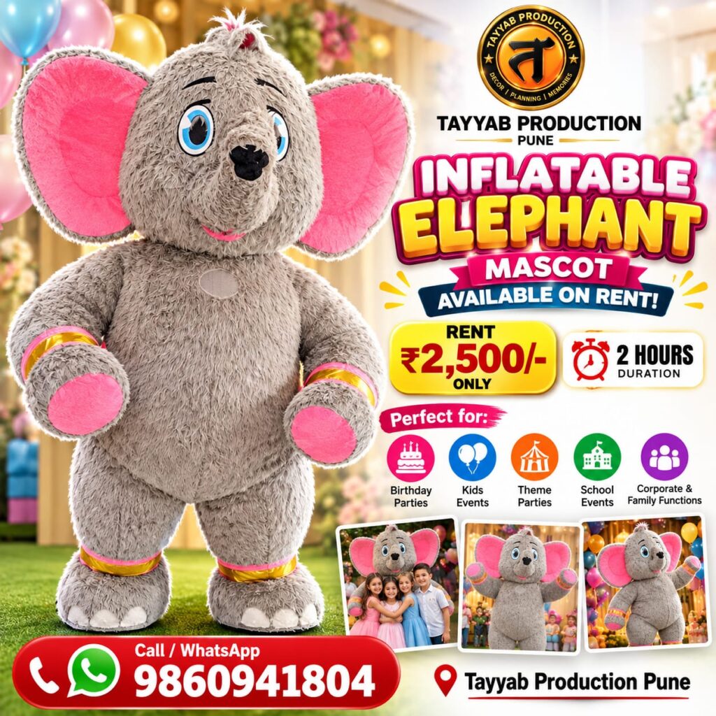 Inflatable elephant mascot on rent in Pune for birthday parties and kids events