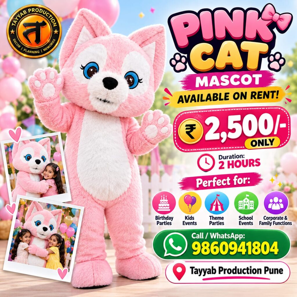 Pink cat mascot on rent in Pune for birthday parties and kids events