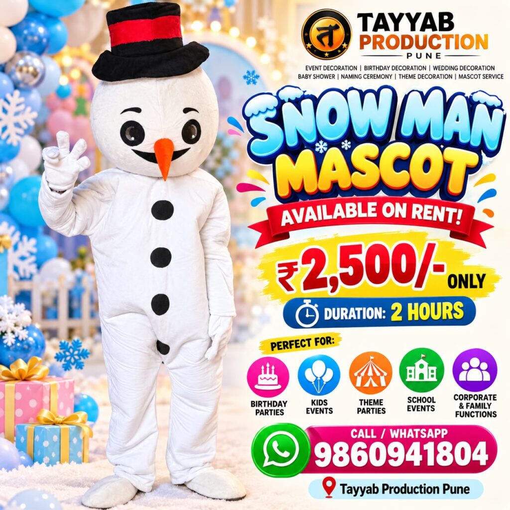 Snowman mascot on rent in Pune for birthday parties and theme events by Tayyab Production Pune