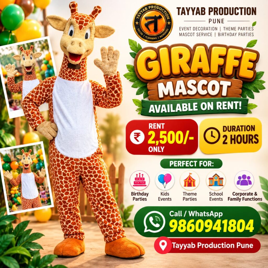 Giraffe mascot on rent in Pune for birthday parties and kids events by Tayyab Production Pune