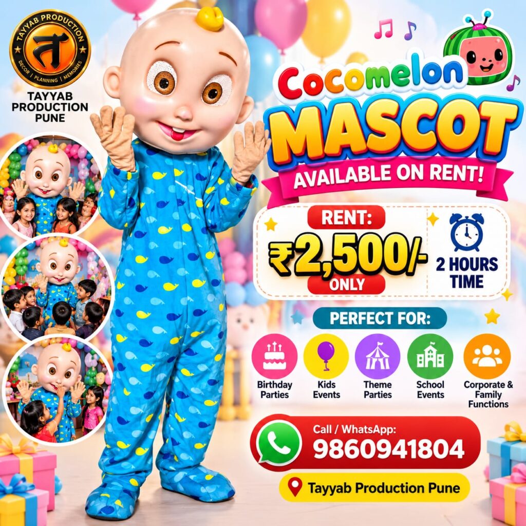 Cocomelon mascot on rent in Pune for kids birthday parties by Tayyab Production Pune