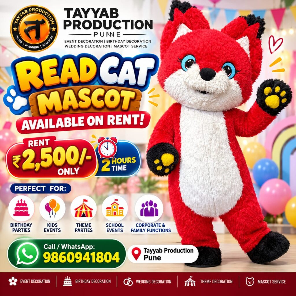 Red cat mascot on rent in Pune for birthday parties by Tayyab Production Pune