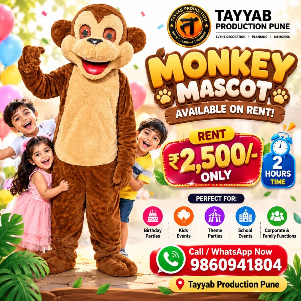 Monkey mascot on rent in Pune for birthday parties by Tayyab Production Pune