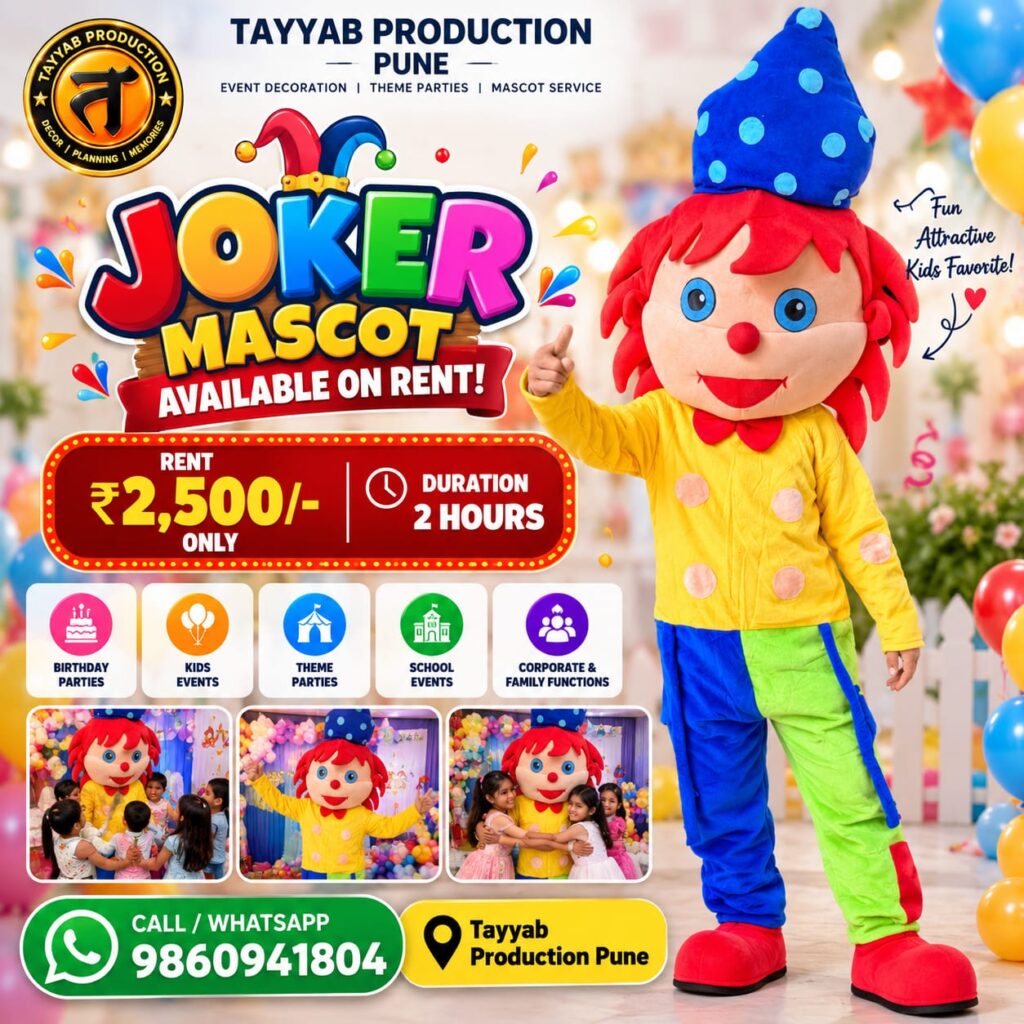 Joker mascot on rent in Pune for birthday parties by Tayyab Production Pune