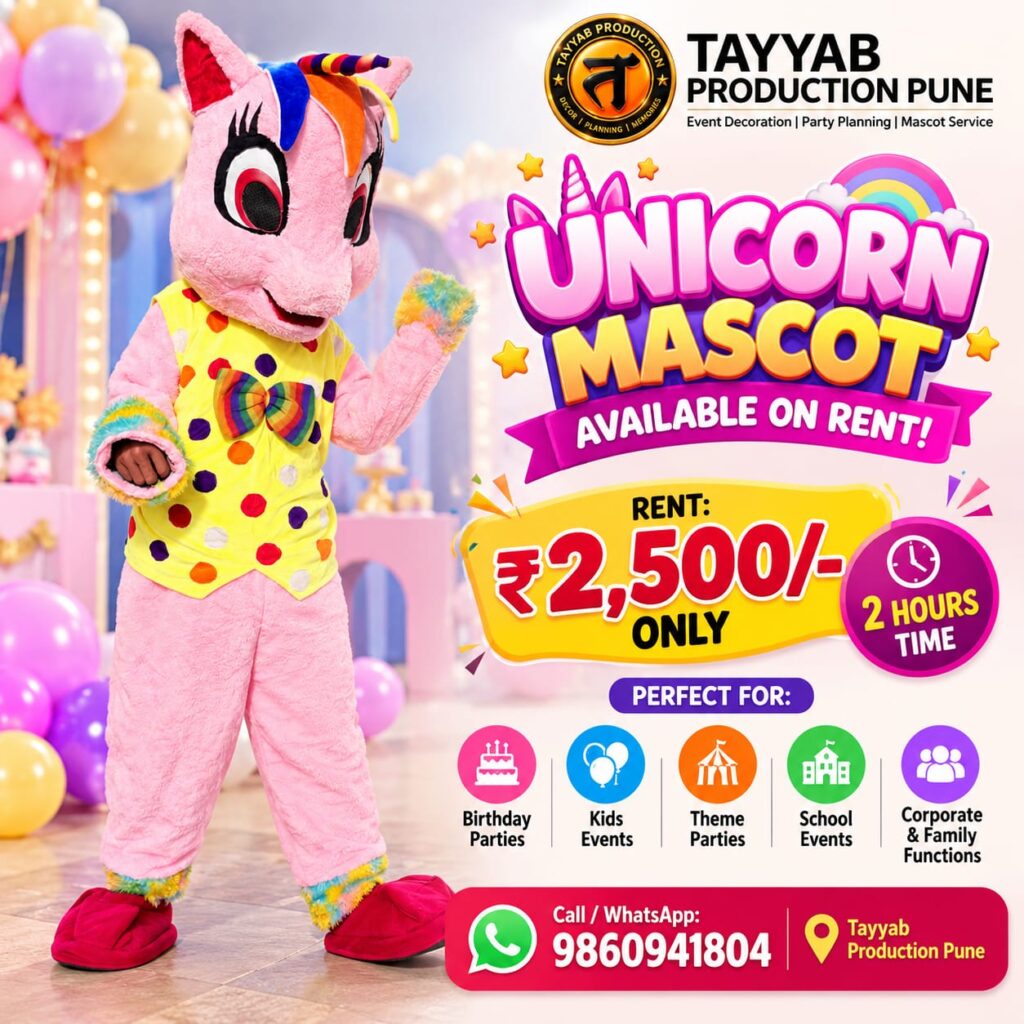`Unicorn mascot on rent in Pune for birthday party - Tayyab Production Pune`